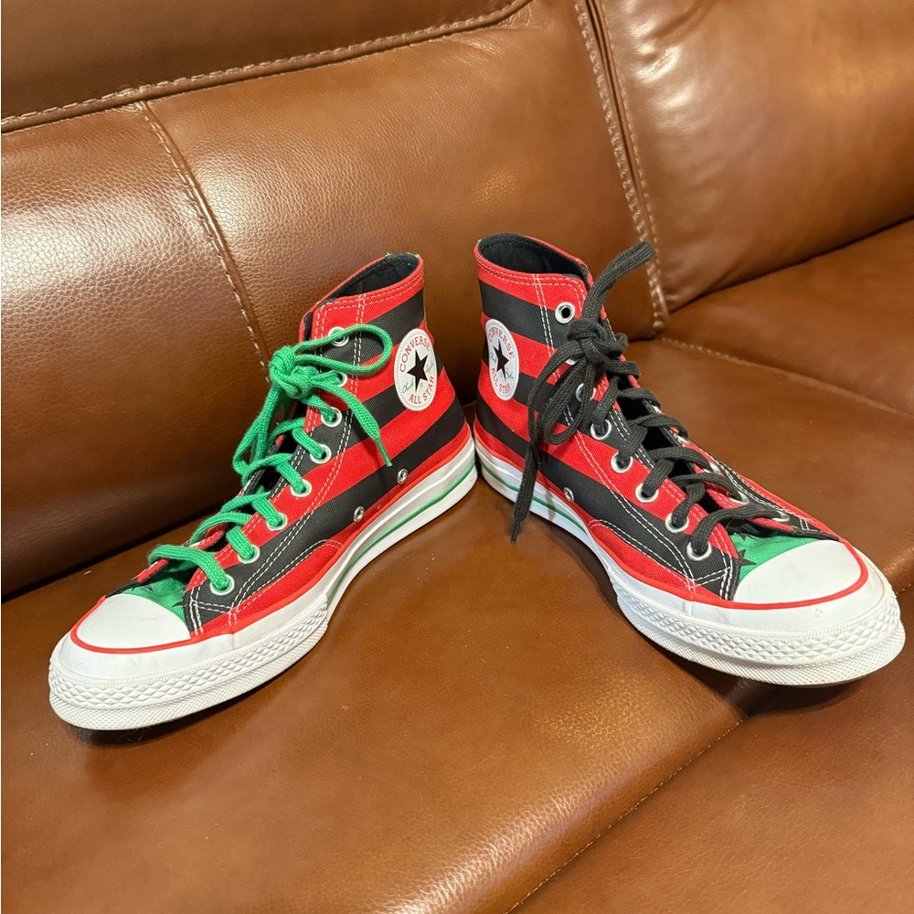 Converse Black and Red High-Tops with Green Laces